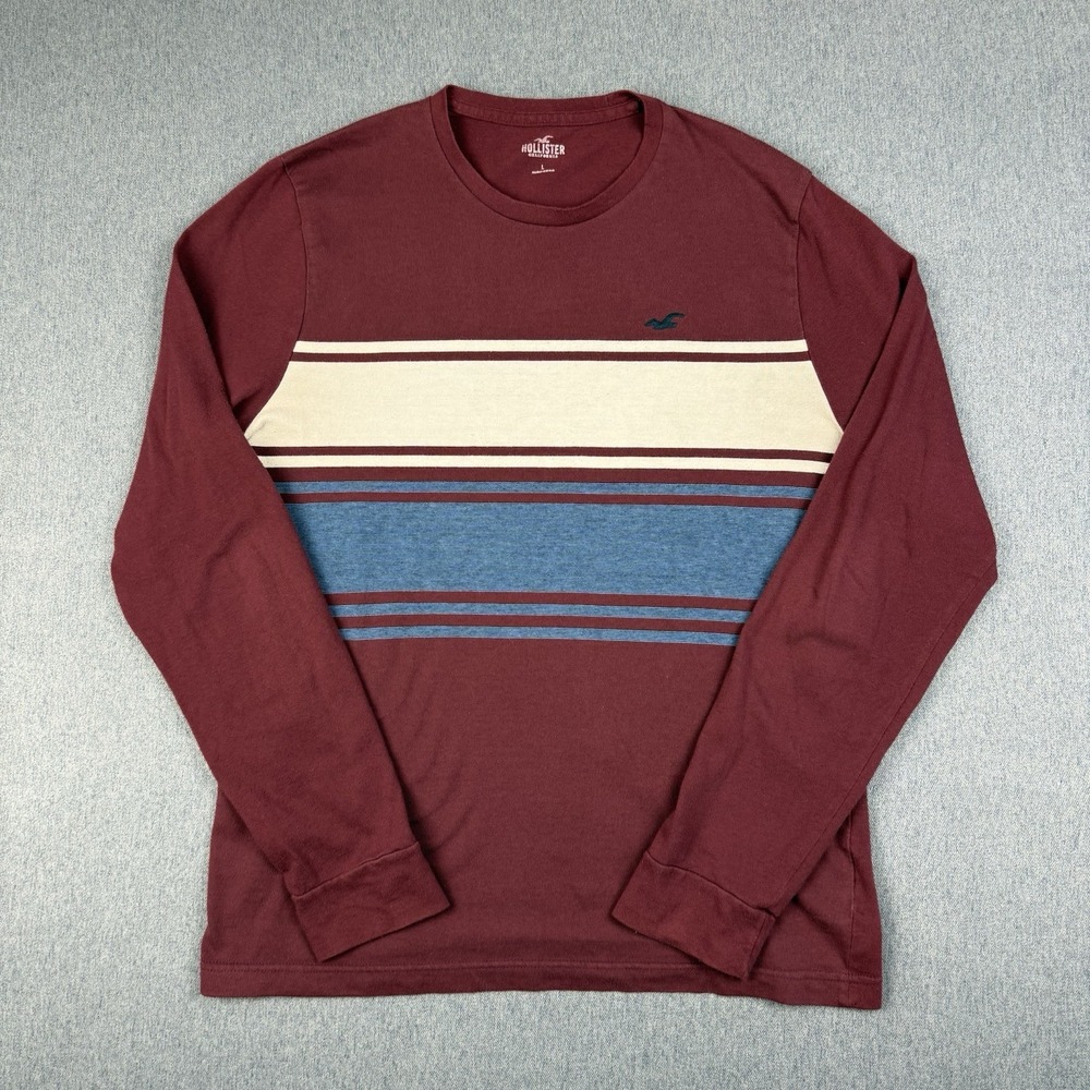 Hollister Mens Top Long Sleeve Large Burgundy Colourblock Cotton